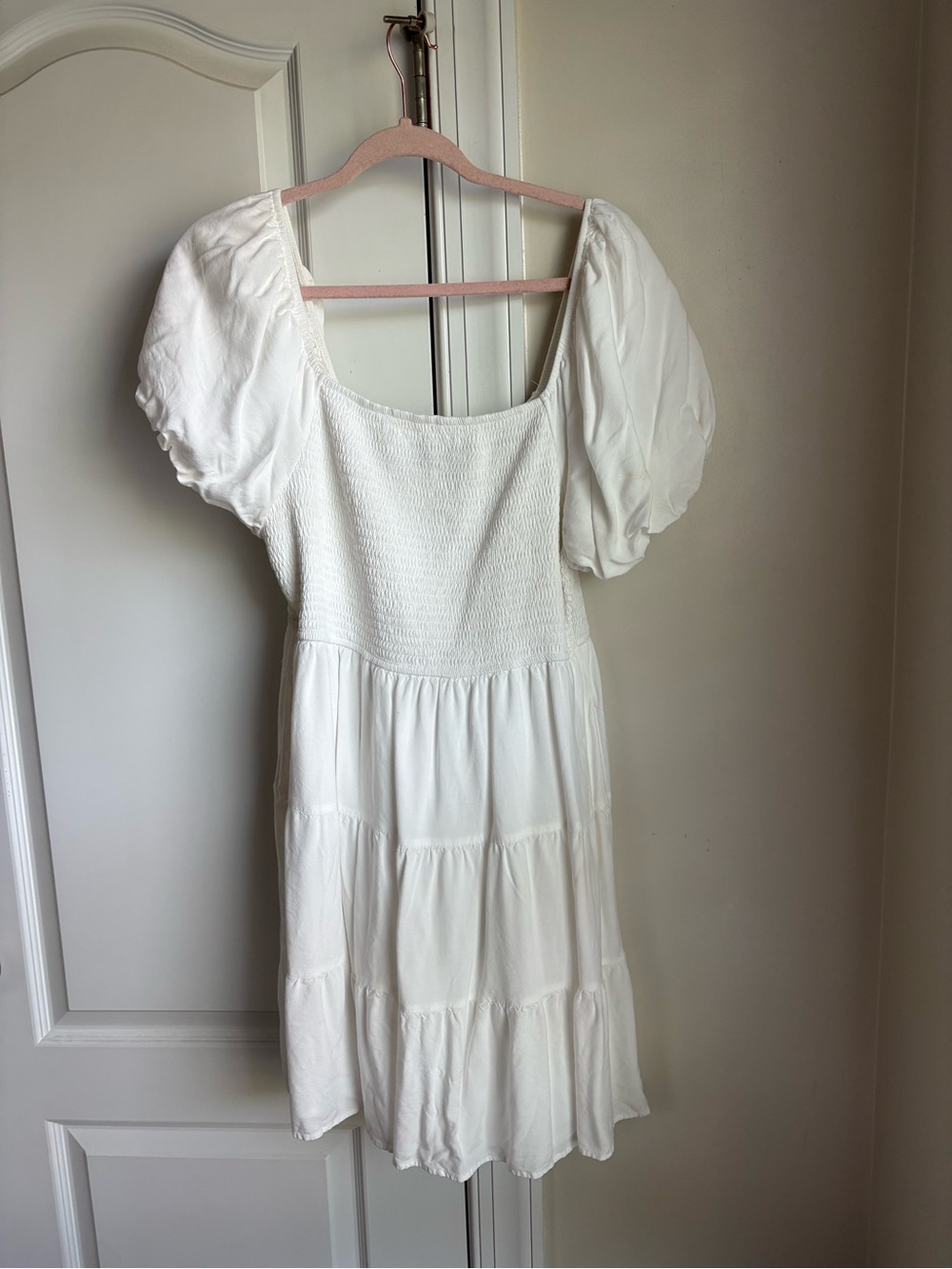 White Puff Sleeve Smocked Midi Dress